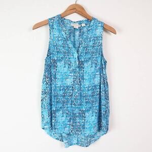 Cynthia Rowley Size S Silk Sleeveless V-neck Blouse Teal Blue White
